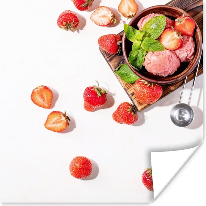 Poster Aardbei - Fruit - Kruiden - IJs - IJsboltang - 75x75 cm