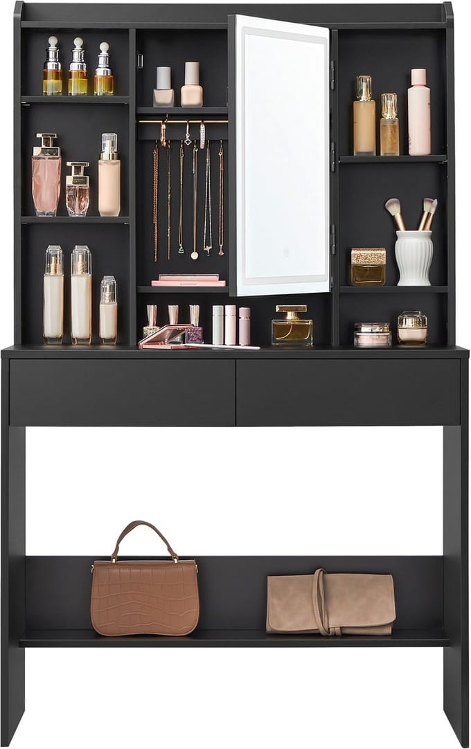 VASAGLE - Kaptafel - Make up tafel - Met Spiegel - LED in 3 Kleuren - Verstelbare Planken - 2 Lades