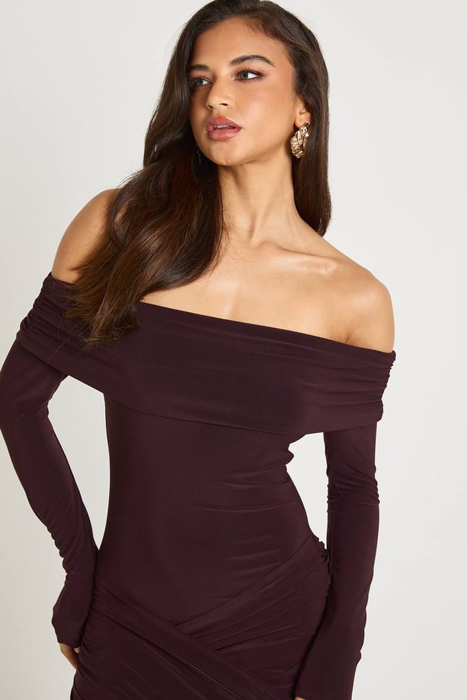 boohoo Dames Bardot Drapedetail Lang Mouw Mini-jurk | Chocolate | Maat: 14