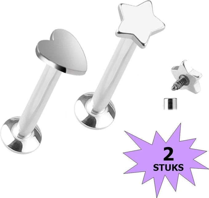 Fako Bijoux® - Labret Piercing - Ster & Hart - 3.5mm - Zilverkleurig - 2 Stuks