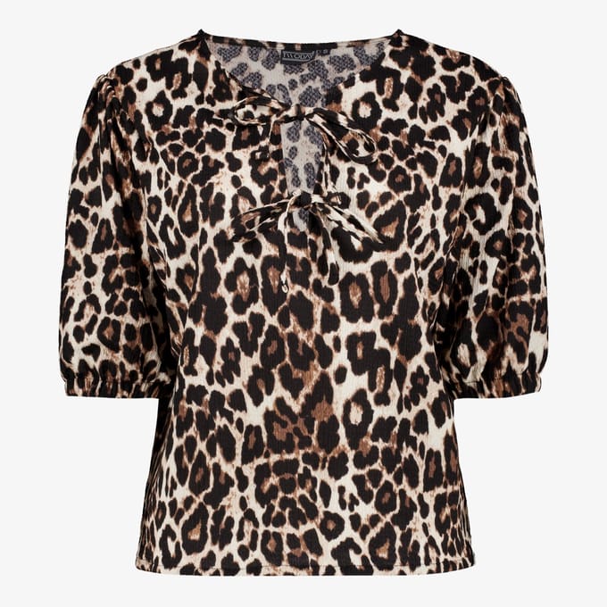 TwoDay dames blouse met panterprint en strikjes - Beige - Maat S