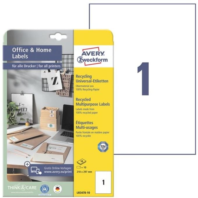 Avery-Zweckform LR3478-10 Universele etiketten 210 x 297 mm Kringlooppapier Wit 10 stuk(s) Permanent hechtend Laser (kleur), Laser (zwart/wit)