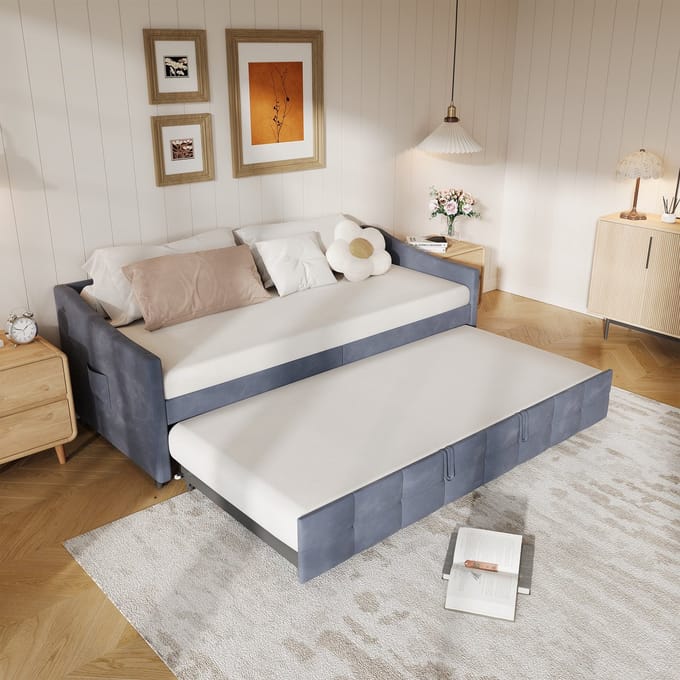 Uitschuifbare Sofa Bed 90x200cm – Luxe grijs Fluwelen Slaapbank, Van Bank naar Bed, Compact & Modern Design
