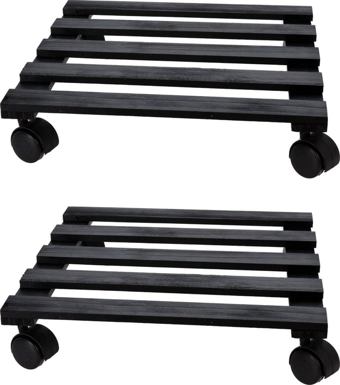 Pro Garden Plantentrolley - 2x - hout - zwart - vierkant - 28 x 28 cm - 100 kilo