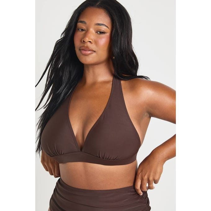 boohoo Dames Plus Essentials Diepe Halter Bikini Top | Chocoladebruin | Maat: 46