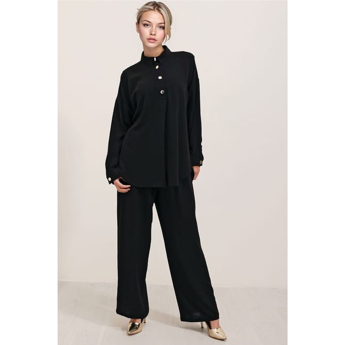 Gestructureerde Lange Mouwen Overhemd en Brede Pantalon Set