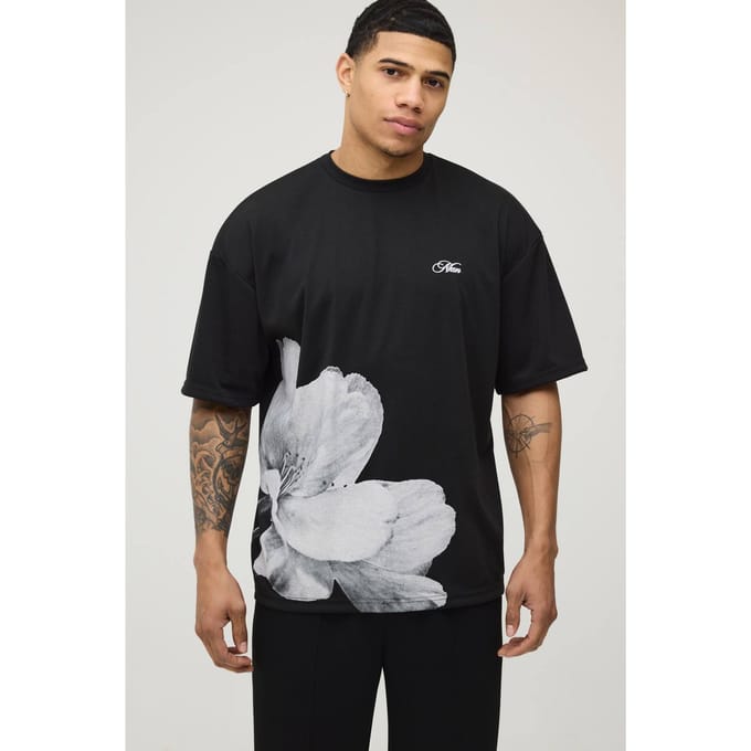 Oversized T-shirt Met Asymmetrische Bloemenprint In Zware Interlockstof | Black | Size Medium