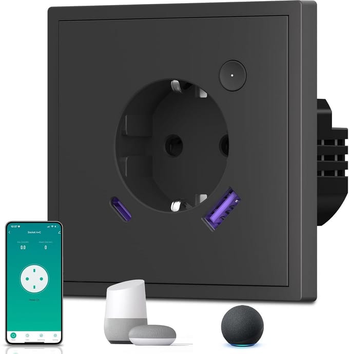 Slim Wifi-stopcontact met USB Type-C en Schakelaarknop - Stroommeting en Kinderbeveiliging