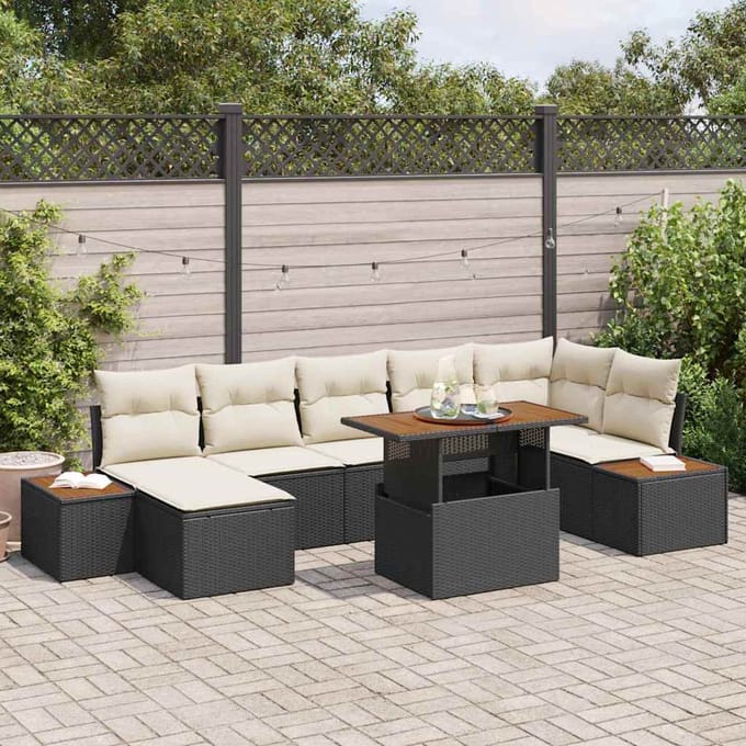 vidaXL Tuin Eettafel Set met kussen 8 pcs Zwart en Beige