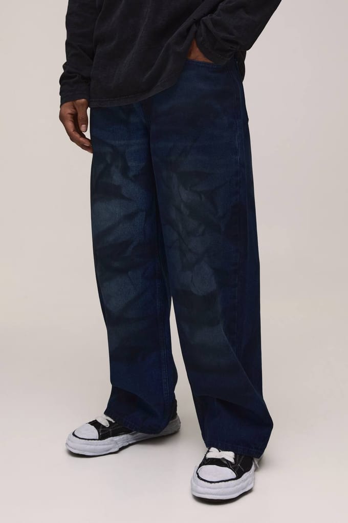 Tie-dye Getinte Baggy Distressed Jeans | Dark Wash | Size 28