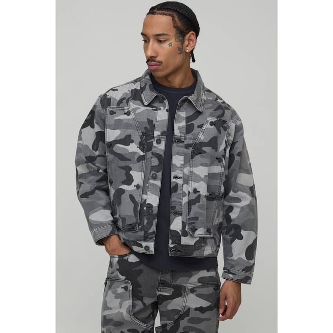 Camo Verwijderbare Carpenter Panel Regular Fit Denim Jas | Black | Size Small