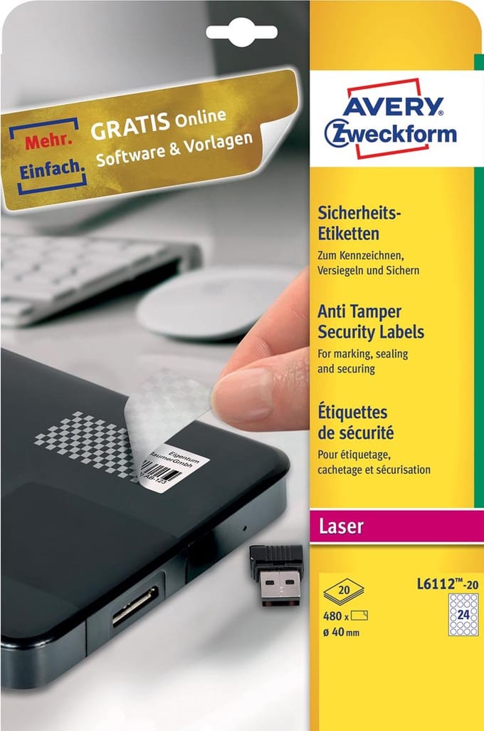 Avery Heavy Duty Laser Labels - Nicht ablösbare Polymeretiketten - weiß - 40 mm rund - 480 Stck. (20 Bogen x 24) (L6112-20)