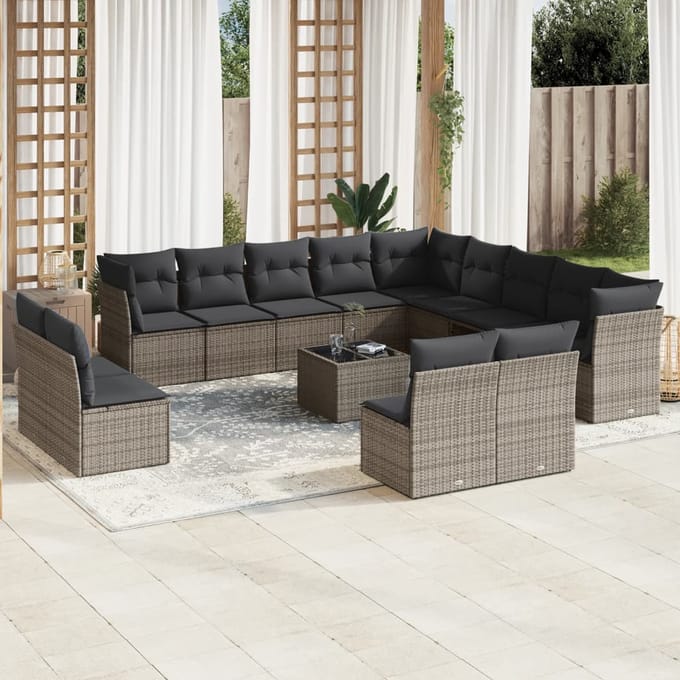vidaXL - 14-delige - Loungeset - met - kussens - poly - rattan - grijs