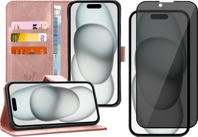 Hoesje geschikt voor iPhone 15 Plus - Privacy Screen Protector FullGuard - Book Case Kunstleer Pasjeshouder Rosegoud & Screenprotector