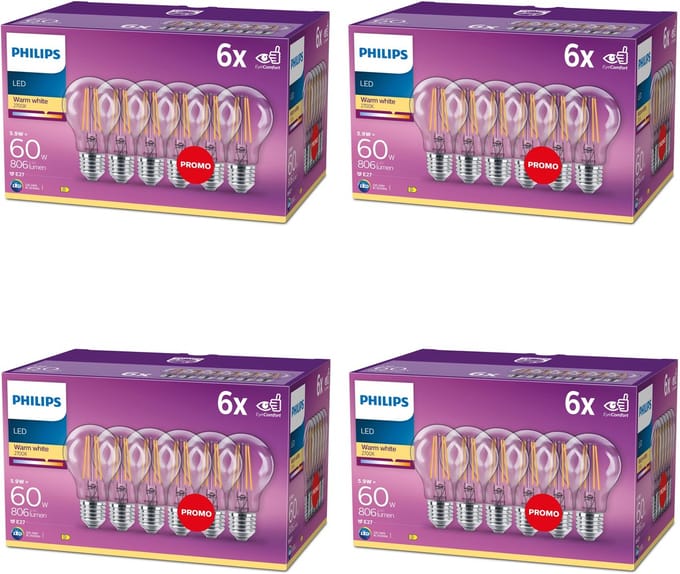 Philips Voordeelverpakking - E27 - LED Standaard lamp - Helder - 60W - Niet Dimbaar - Warmwit Licht - Set van 24 Stuks