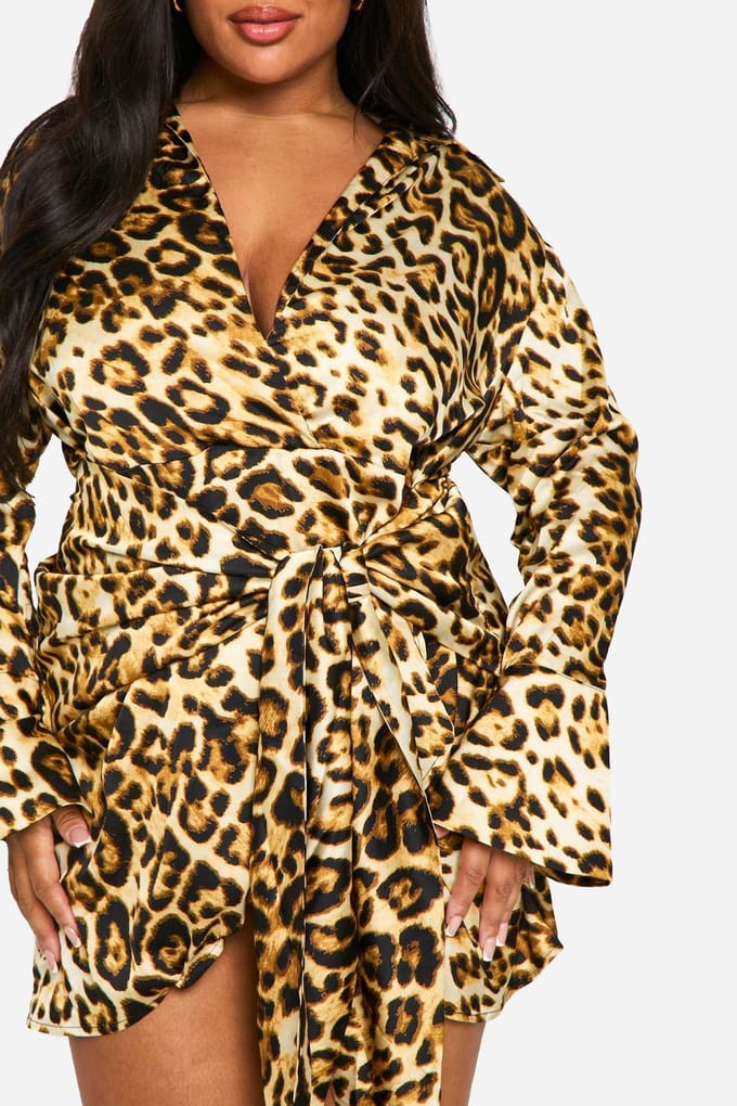 boohoo Dames Plus Luipaard Tie-Waist Shirt Wrap Jurk | Luipaardprint | Maat: 46