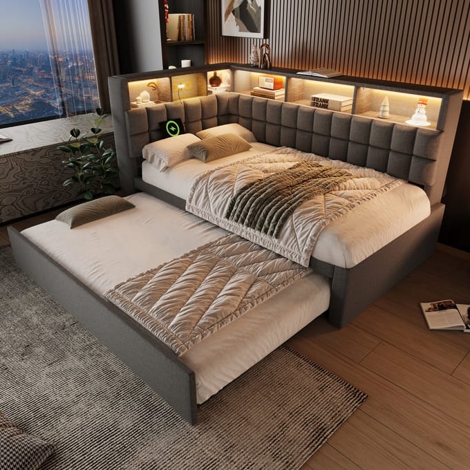 REDOM Bedframe met opbergruimte 90x200 cm – Met uitschuifbed, L-hoofdbord met LED, Bluetooth en USB/Type-C – Grijs