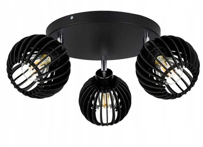 Zwarte Plafond Lamp, Loft Hout, 3xBollen, E27, Verstelbaar