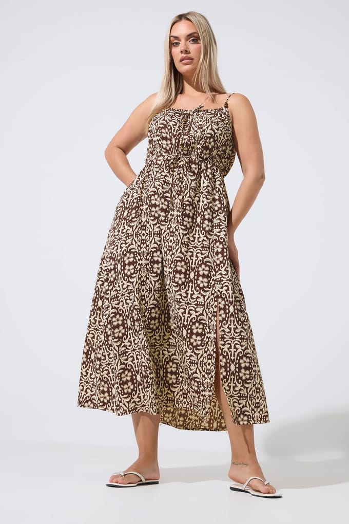 Limited Collection Bruine Abstracte Jurk Met Strikbandjes Size 48