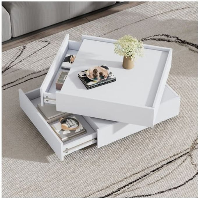Table basse - MUVOE - Plateau pivotant 360° - 2 étagères - Blanc pur - Design élégant blanc