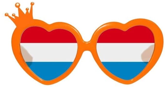 feestbril oranje , hartvorm rood-wit-blauw