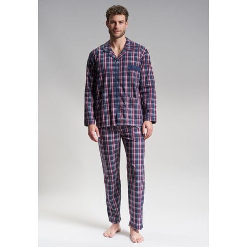Gotzburg heren pyjama met knopen - geweven heren pyjama niet elastisch - blauw met rood en wit geruit