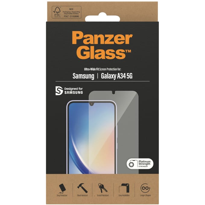 PanzerGlass Screenprotector geschikt voor Samsung Galaxy A34 Glazen | PanzerGlass Ultra-Wide Fit Screenprotector - Case Friendly