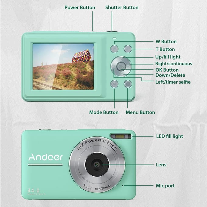 Andoer Portable 1080P appareil photo numérique caméscope vidéo 44MP mise au point automatique 2.5 IPS écran 16X numérique noir