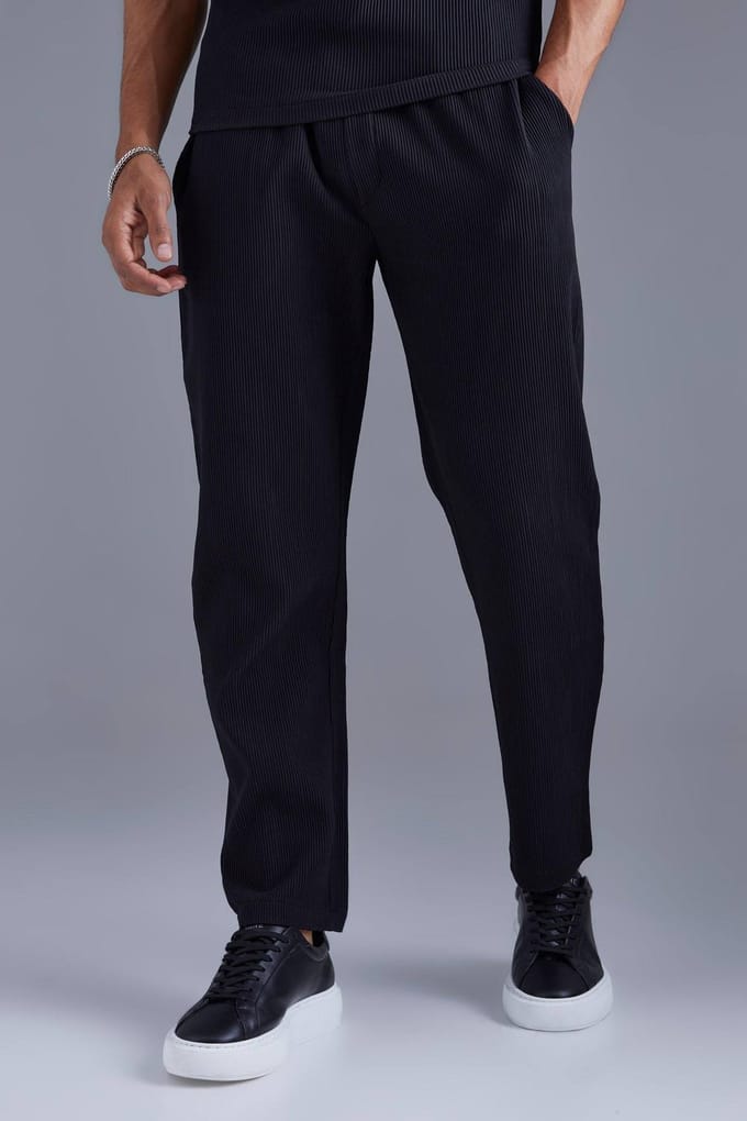 Elastische taille, taps toelopende, geplooide broek | Black | Size Medium