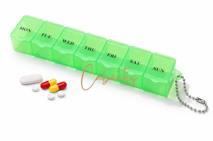 Cabantis® Week Pillendoos 7 Dagen – Compacte Pillen Organizer met Sleutelhanger – Dagelijkse Medicijndoos – 15 × 3 × 2,5 cm – Transparant Groen