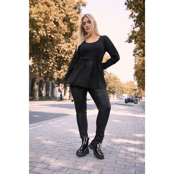 Yours Zwarte Gemengde Rib Peplum Top Size 50-52