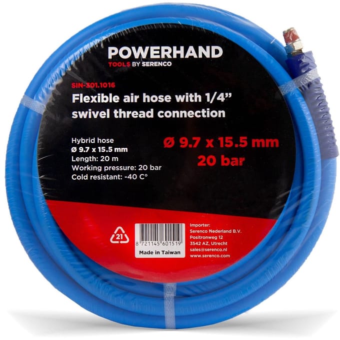 POWERHAND Flexibele Luchtslang 9,7 x 15,5mm + 1/4 Schroefdraadaansluiting - 20 meter