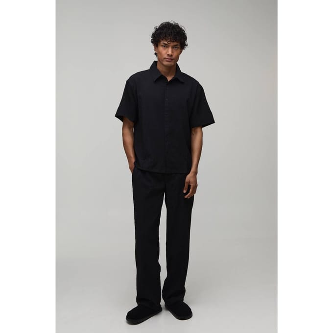 Gestreepte Seersucker Oversized Shirt & Relaxed Broek Set | Black | Size Medium