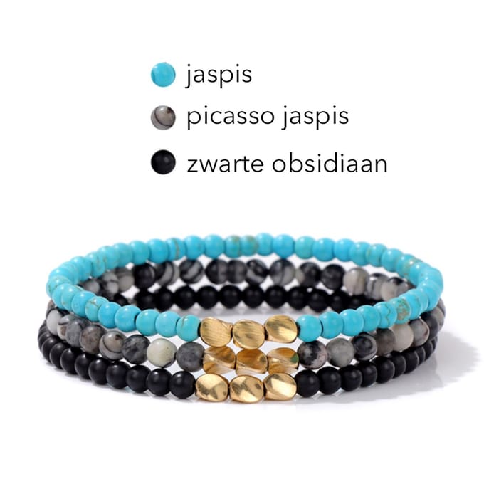 Marama - armbanden set Tibet turquoise - elastisch - edelstenen - jaspis - obsidiaan - damesarmband - set van 3