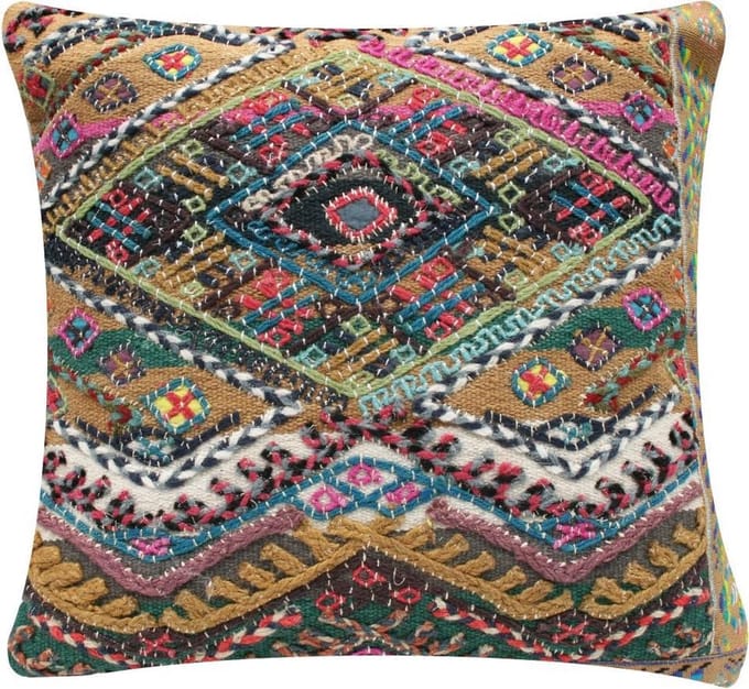 Rocaflor kussen wol katoen ethnic ruit multikleuren 50x50 cm