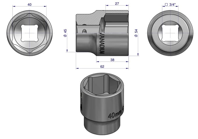 Waryński 3/4" Dopsleutel 40mm CrV50BV30 DIN 3124
