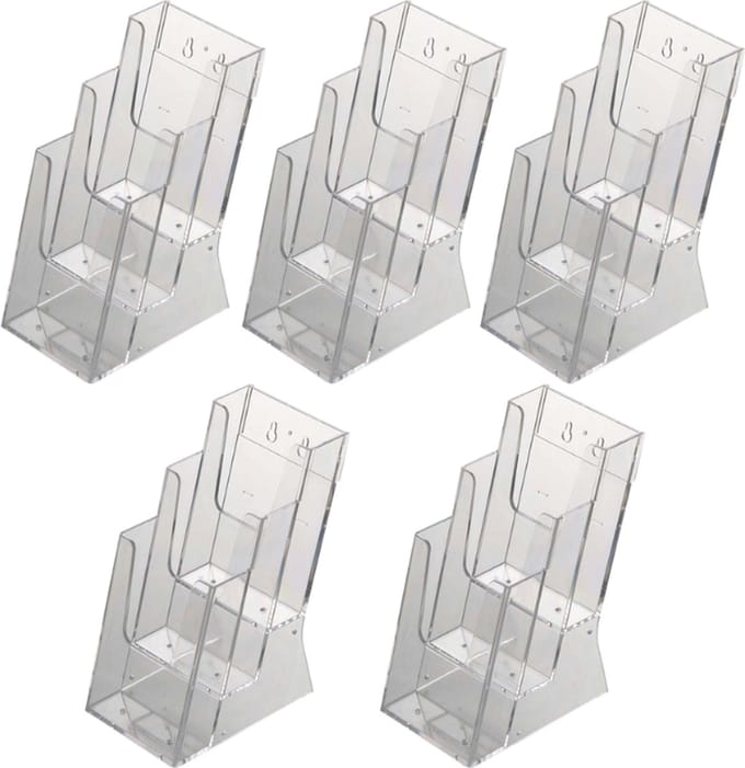 5  Pack | Folderbakje | Folderhouder | Folderdisplay | 3-vaks Tafelmodel | Helder acryl 3mm | Din Lang (9,9 x 21cm)