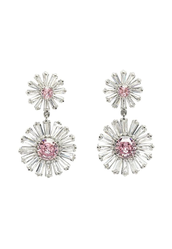 AVANT-GARDE PARIS Diva Collection Oorbellen - Double Daisy Drop - 1 paar - Wit met rhodium plating en post en back sluiting