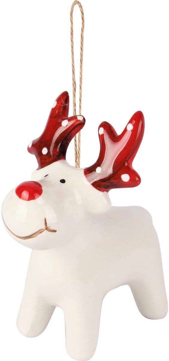 Dekoratief | Hanger rendiertje, wit/rood, dolomiet, 7x5x8cm | A255366