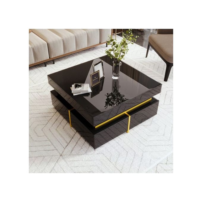 Table basse - MUVOE - Haute brillance - 2 tiroirs - Accents dorés - Design contemporain