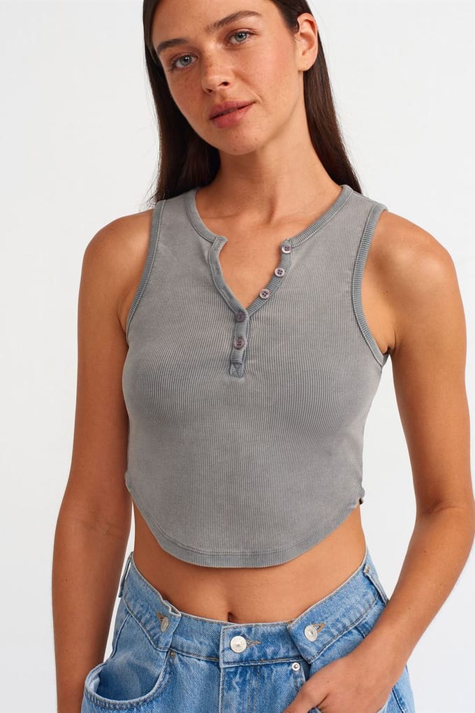 Dames Geribbelde Crop Blouse Met Knopen