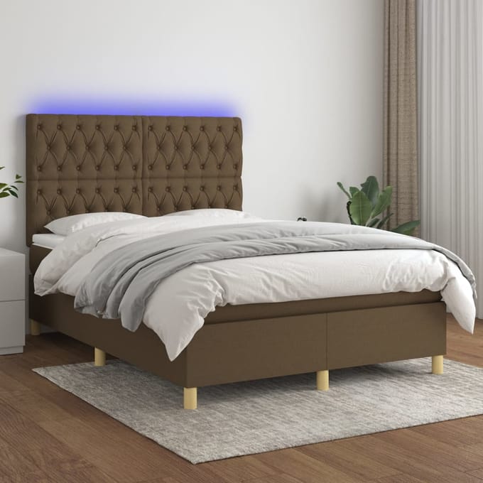 vidaXL - Boxspring - met - matras - en - LED - stof - donkerbruin - 140x200 - cm