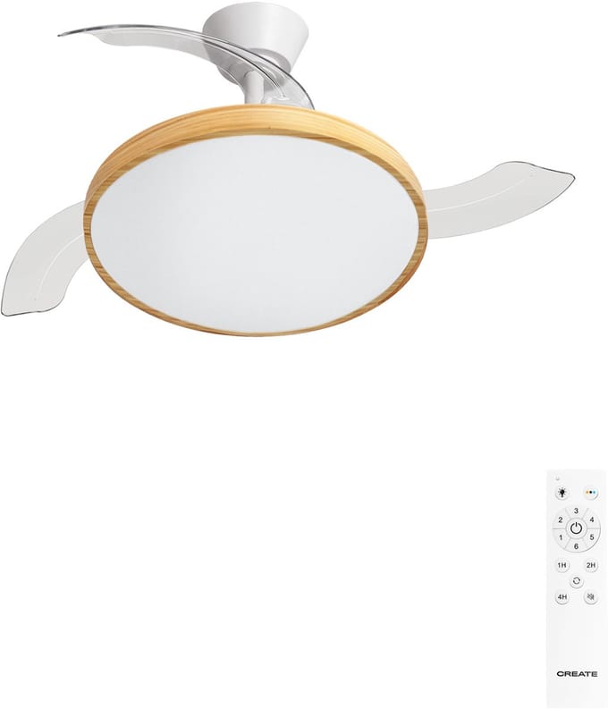 CREATE - Plafondventilator 40W stil met intrekbare bladen met licht - Ø108cm - Wit / Licht hout - Afstandsbediening - WIND CLEAR STUDIO