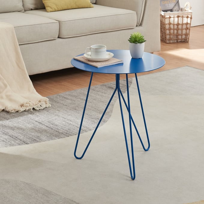 Bijzettafel Nopimi rond metaal 45x43 cm blauw mat [en.casa]