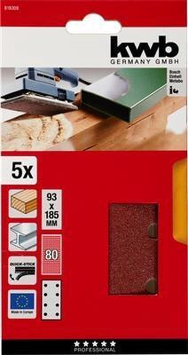 KWB schuurstrook 93 x 185 mm - Korrel 80 - 818308 - 5 stuks