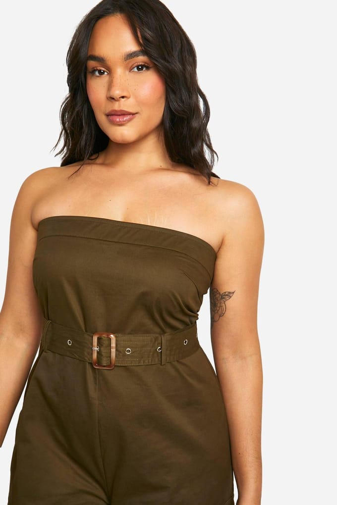boohoo Dames Plus Utility Bandeau met Riem Jumpsuit | Kaki | Maat: 52