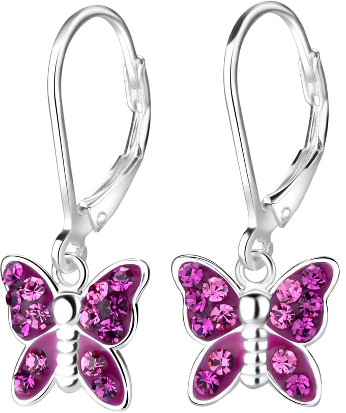 Joy|S - Zilveren vlinder bedel oorbellen - paars kristal - brisure / leverback sluiting - sterling zilver 925