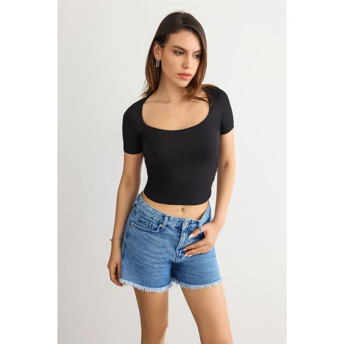 Geribbelde Korte Blouse met Ronde Halslijn