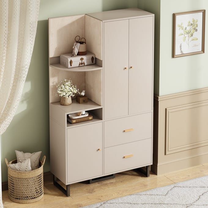 MODFU Compacte Halgarderobe Met Kast En Laden - Open Vakken En Uitschuifbare Kledingroede - MDF - Grijsbeige - 110 x 186 x 38 cm