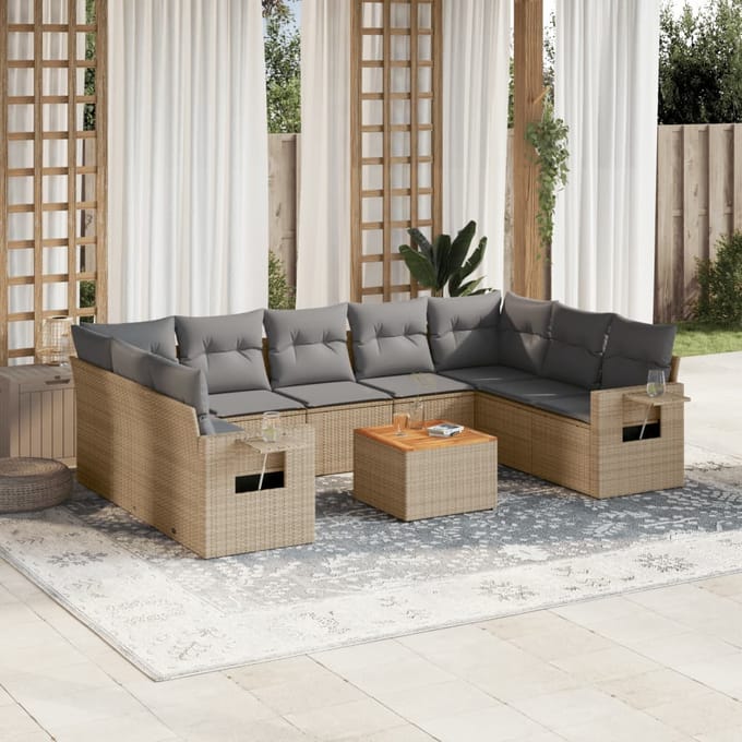 vidaXL - 10-delige - Loungeset - met - kussens - poly - rattan - gemengd - beige